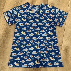 Navy Cartoon Pattern Scrub Top